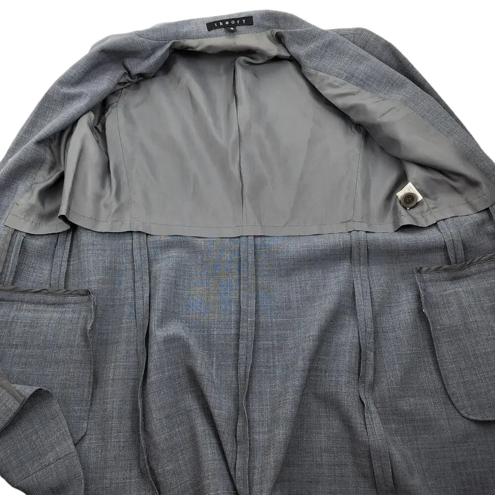 Theory Wool Three Button Blazer Gray Lined Sealed Pockets Size S